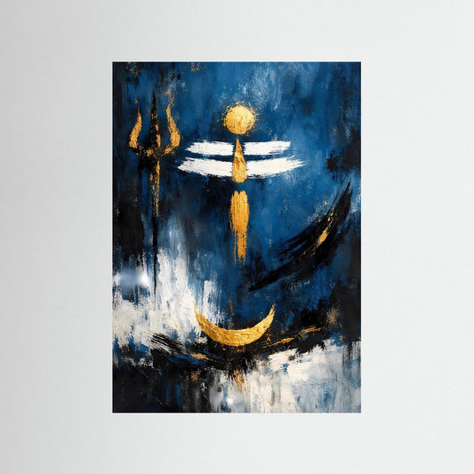 Shiva-Symbol Poster, goldene Figur mit drei Linien, tiefblau, weiß und dunkler Halbmond