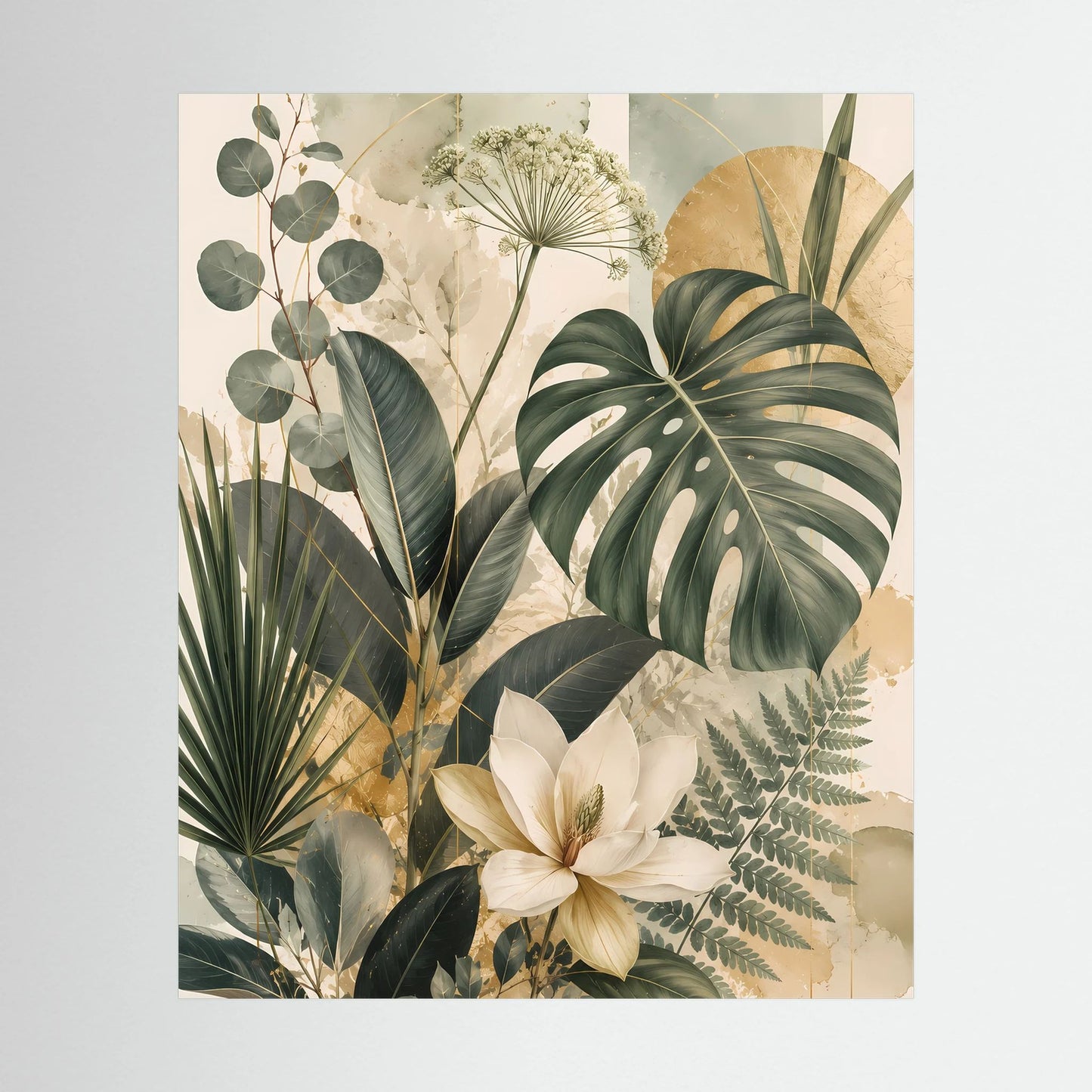 Hochformatiges Poster mit botanischen Blättern und Magnolie in Grün und Gold, ohne Rahmen