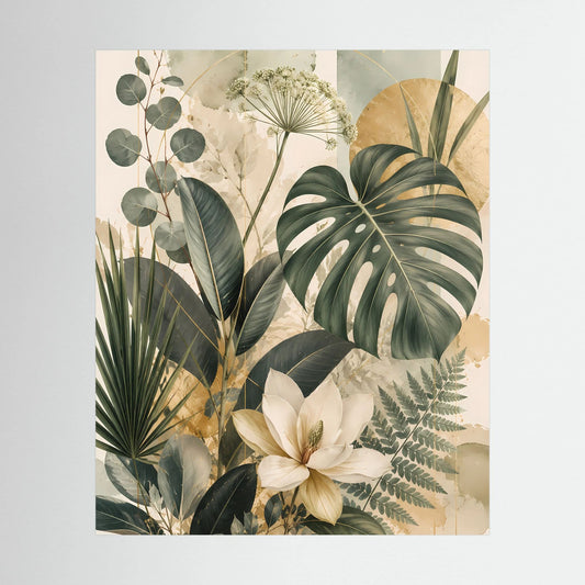 Hochformatiges Poster mit botanischen Blättern und Magnolie in Grün und Gold, ohne Rahmen