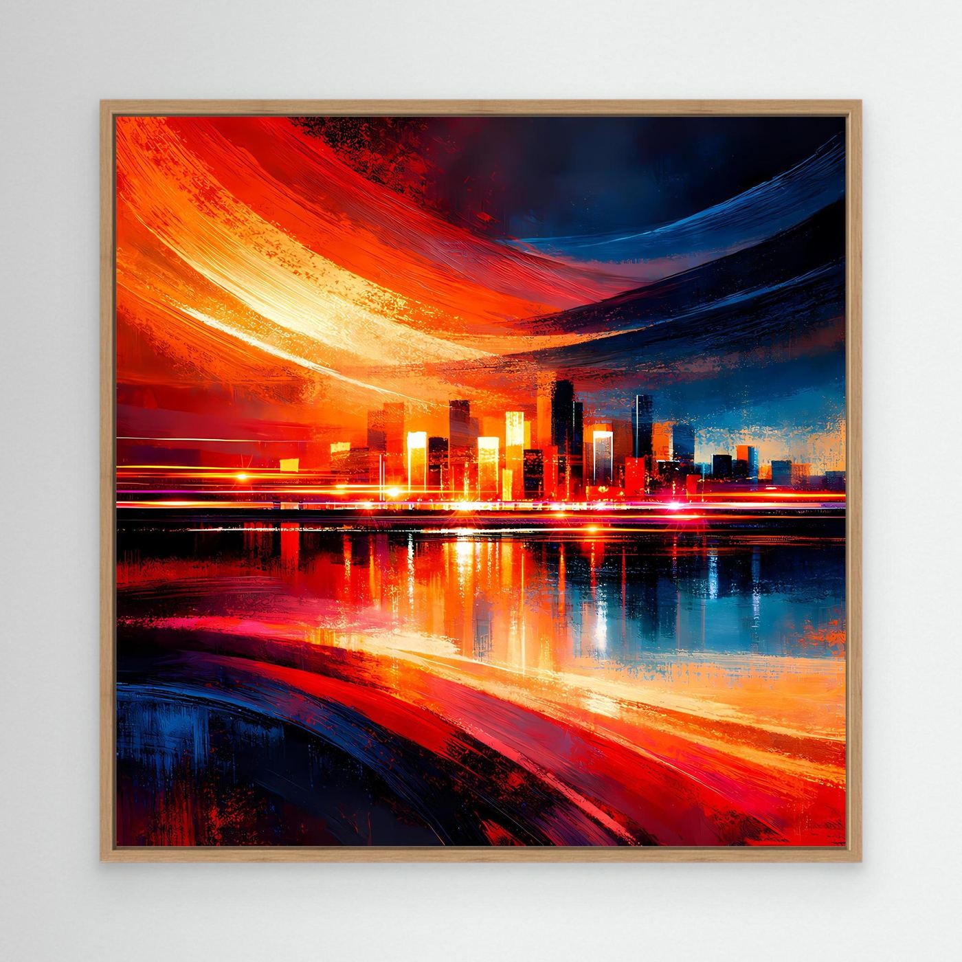 Abstraktes Skyline-Leinwandbild mit hellem Holzrahmen, Lichtspuren in Rot, Blau und Gelb
