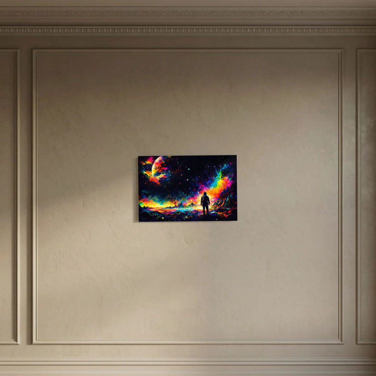 Neon-Weltraum-Wandbild mit Astronaut vor buntem Planetenkern im Querformat