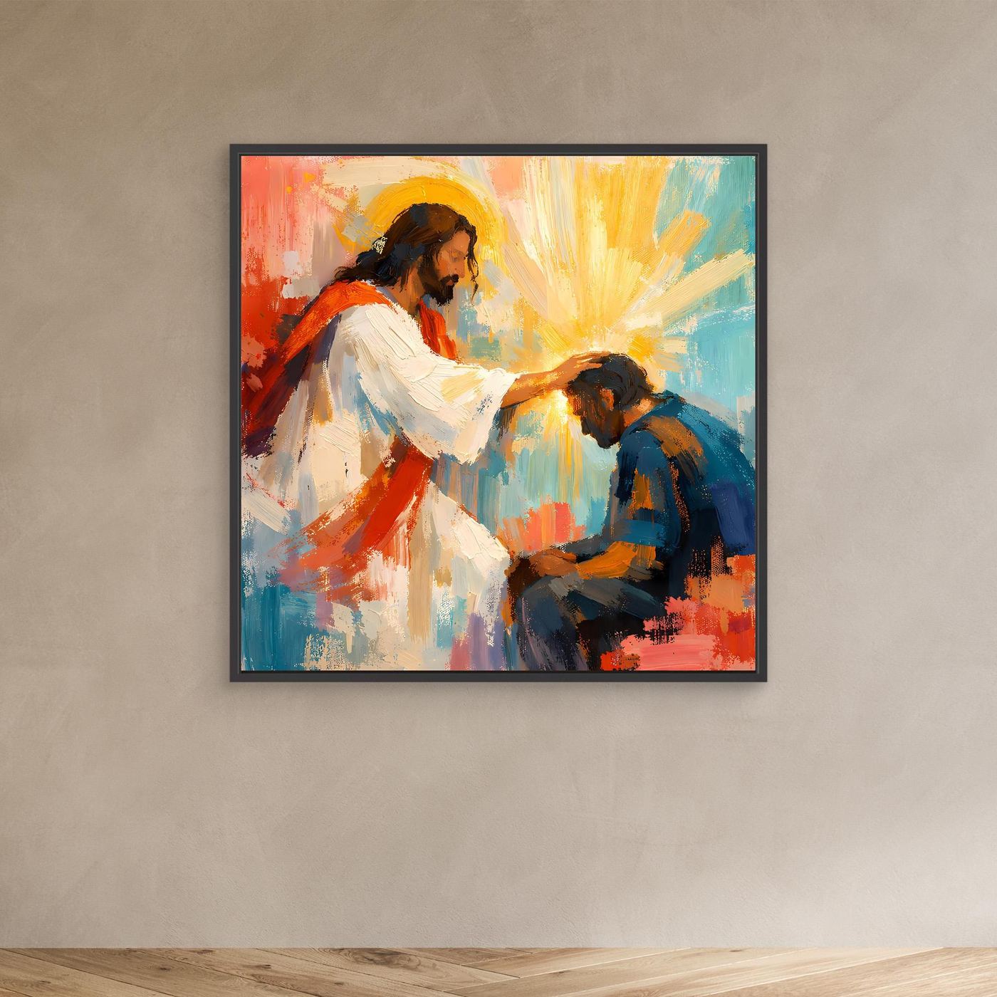 Black-framed canvas wall art showing Jesus blessing a man in colorful brushstrokes