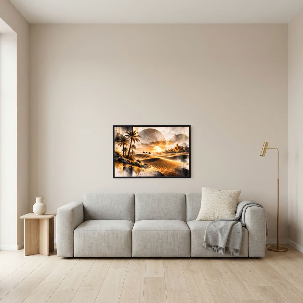 Wandposter im Querformat mit Wüstenlandschaft, Palmen, Karawane und Oase im goldenen Sonnenuntergang