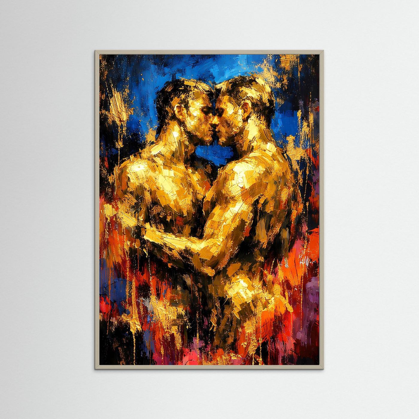 Hochformatiges Liebespaar-Poster mit braunem Rahmen: Goldfiguren auf Blau-Rot