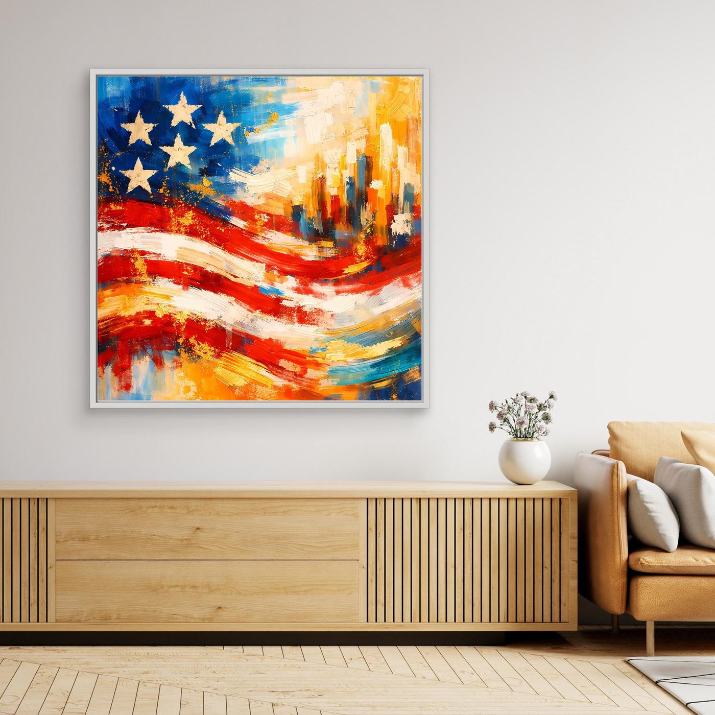 Leinwandbild abstrakte US-Flagge mit Skyline, Blau Sterne, Rot/Gold Streifen, weiß gerahmt
