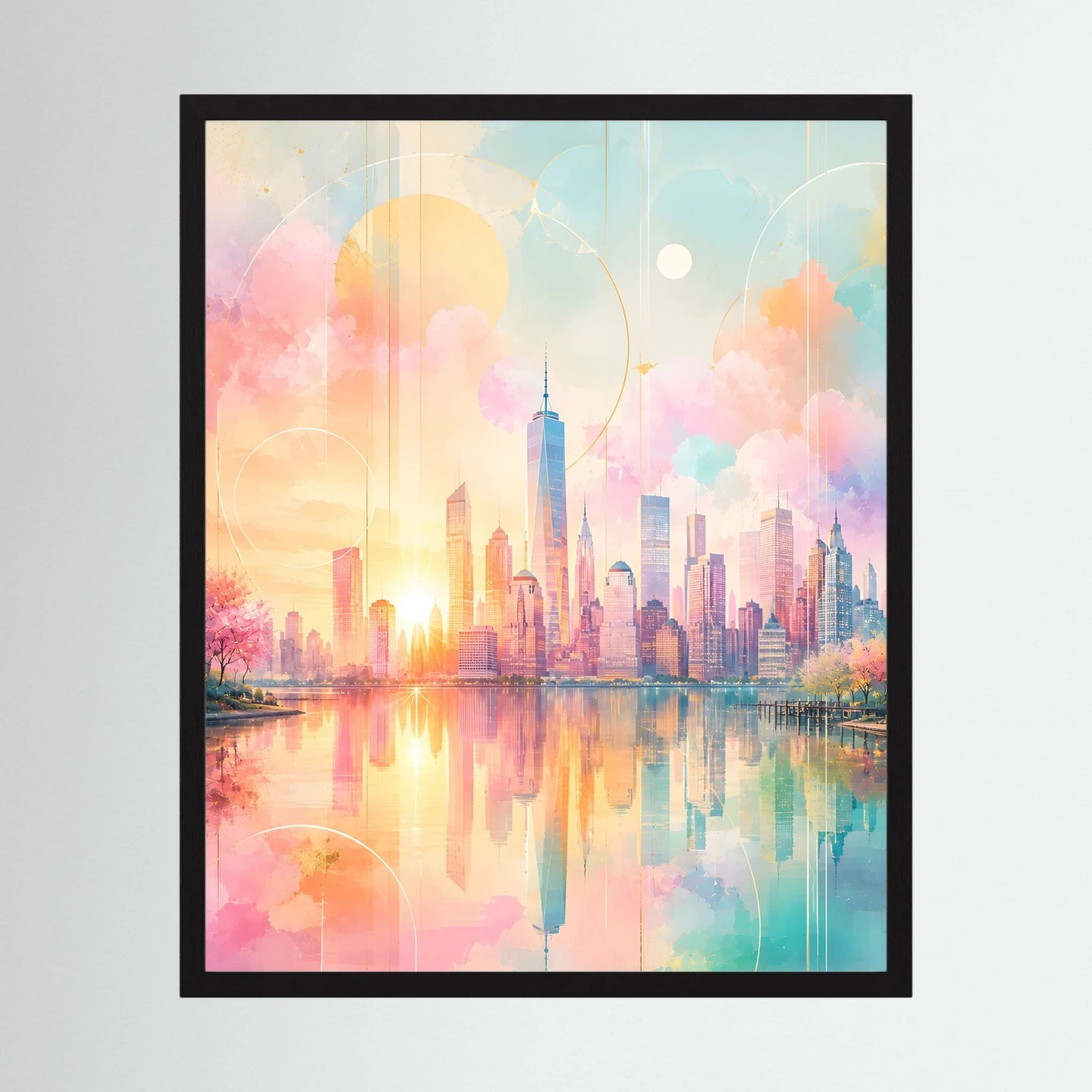 Kunstposter Hochformat mit abstrakter Skyline am Wasser in Pastellrosa, Türkis und Gold, schwarzer Rahmen