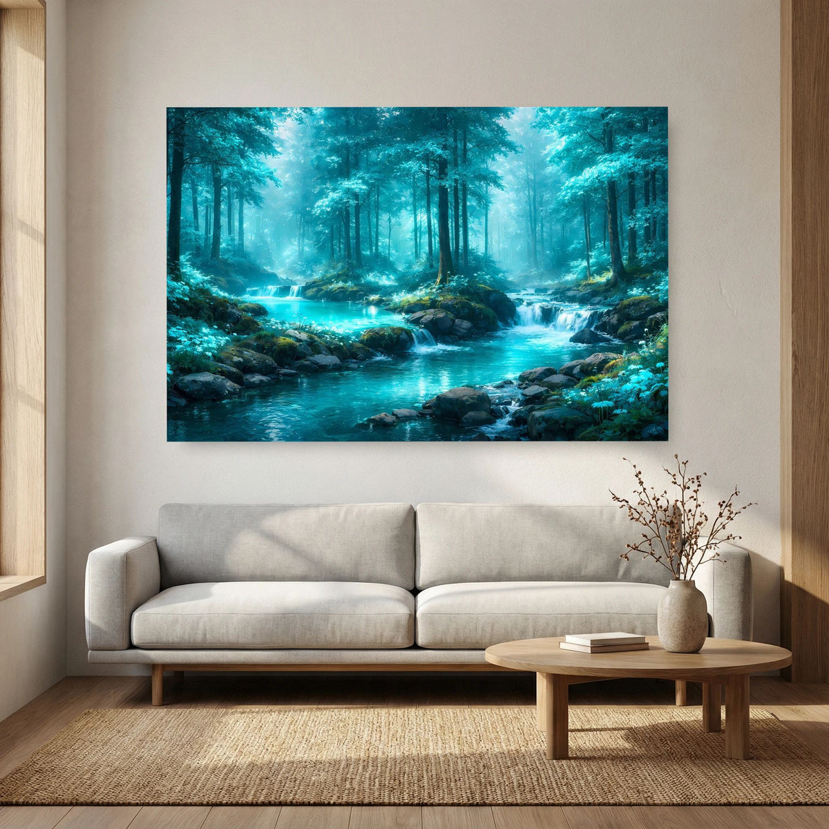 Wandbild im Querformat mit türkisfarbenem Wasserlauf und bewaldetem Ufer