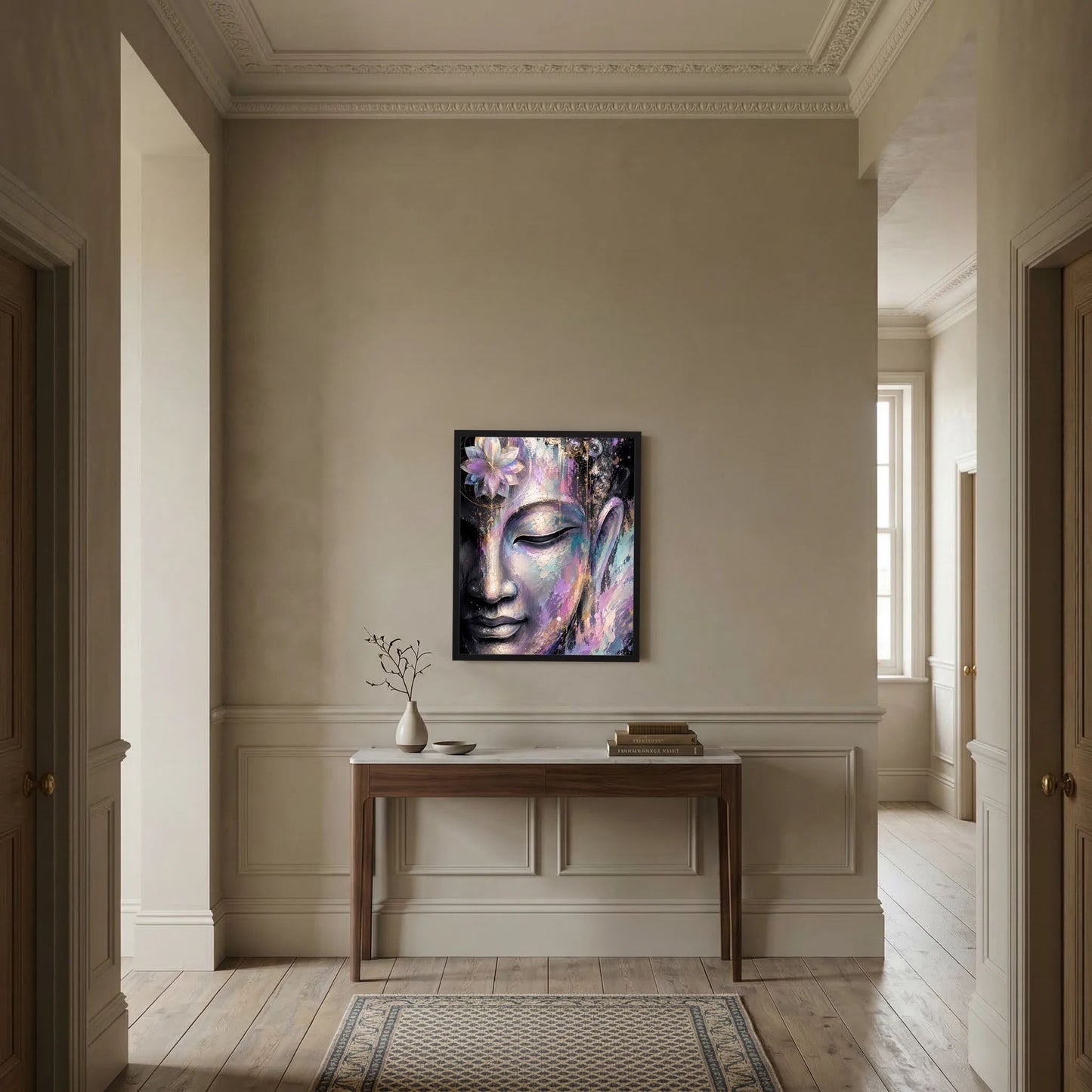 Wandkunst im Flur: gerahmtes Kunstposter mit Buddha-Gesicht abstrakt und violettem Lotus