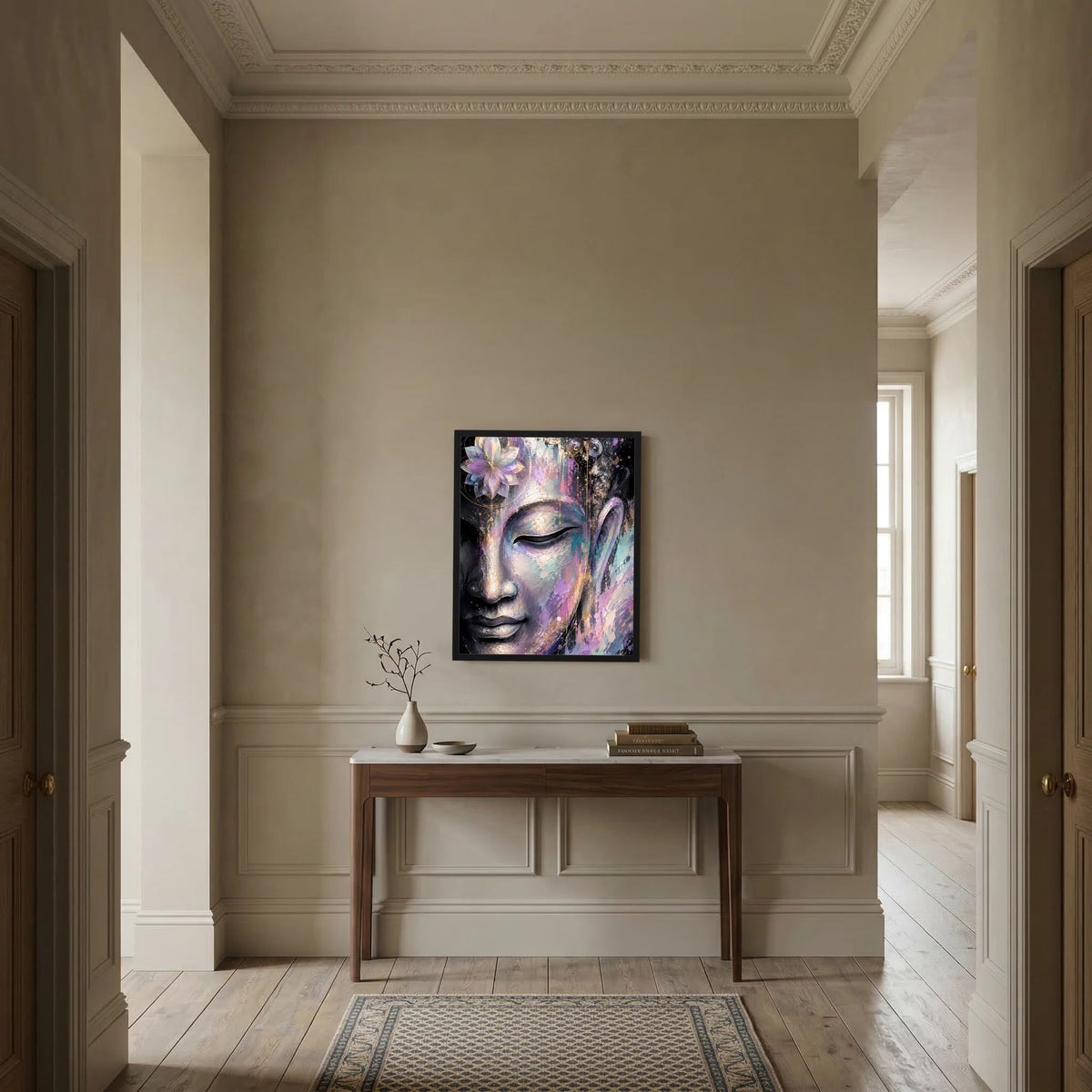 Wandkunst im Flur: gerahmtes Kunstposter mit Buddha-Gesicht abstrakt und violettem Lotus