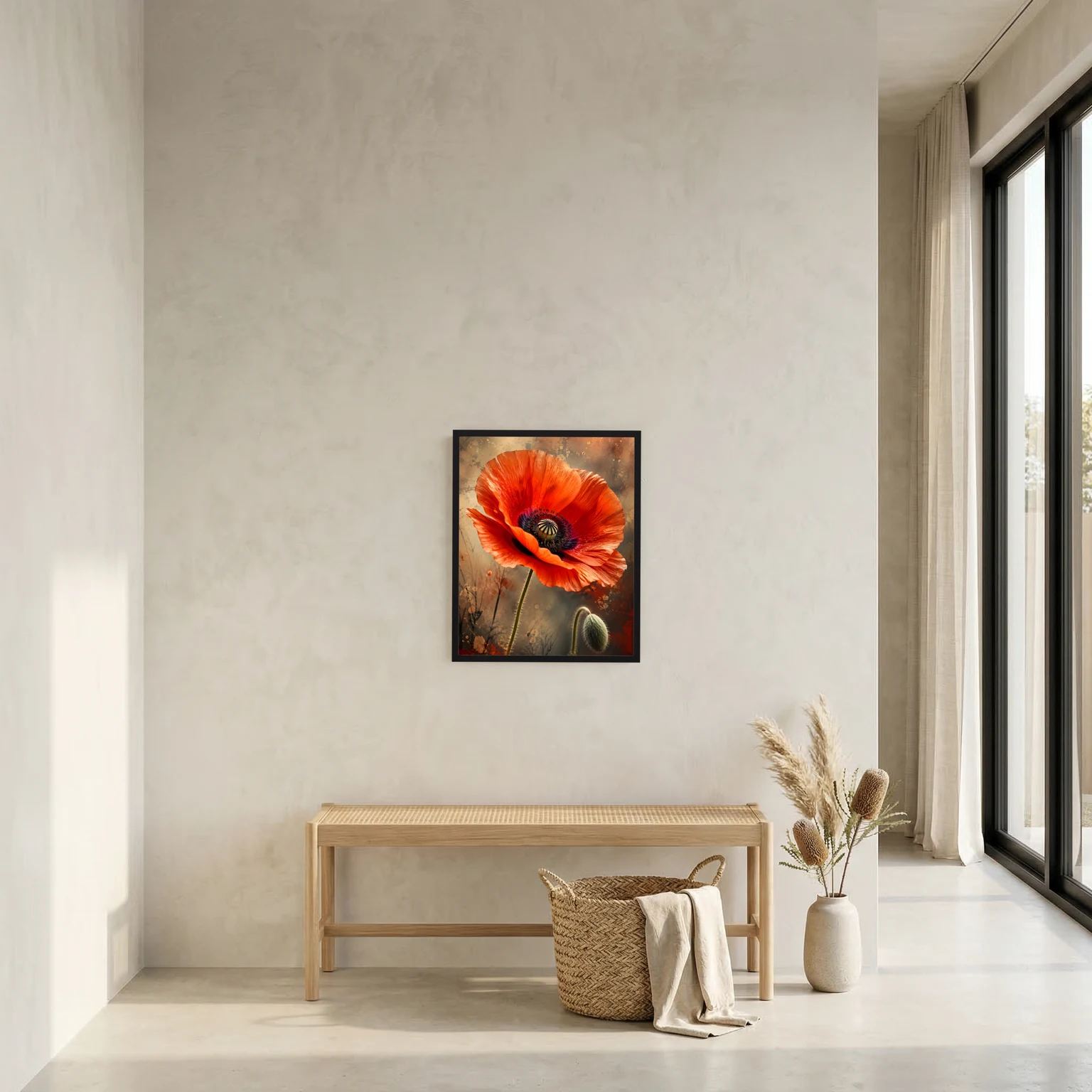 Gerahmtes Poster (Hochformat) mit roter Mohnblüte als Nahaufnahme