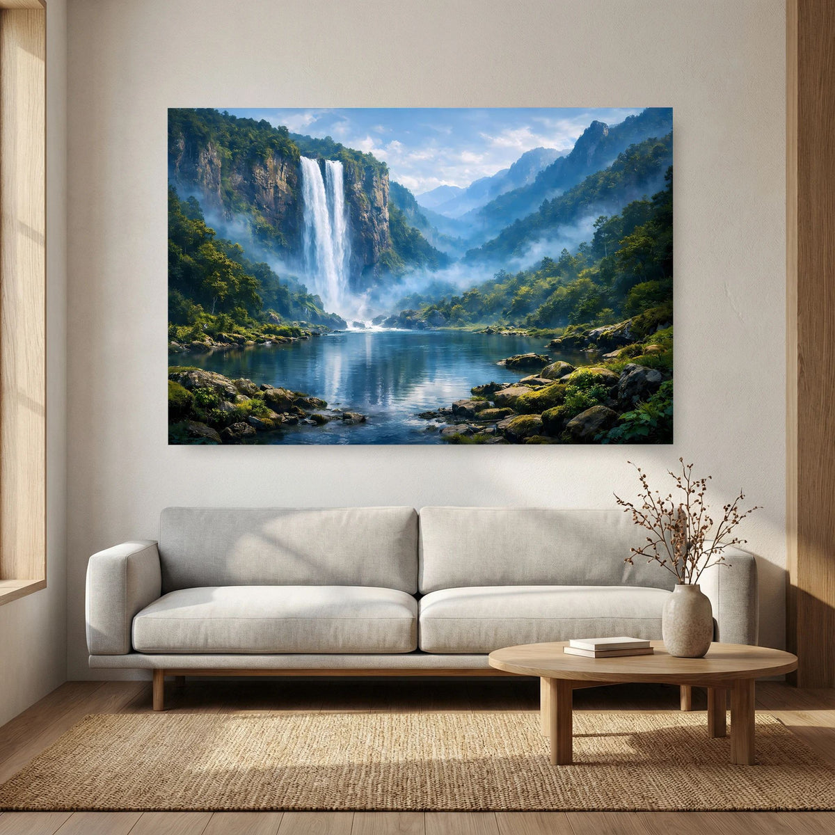 Wandbild im Querformat mit Wasserfall im Bergwald und See vor Bergkulisse
