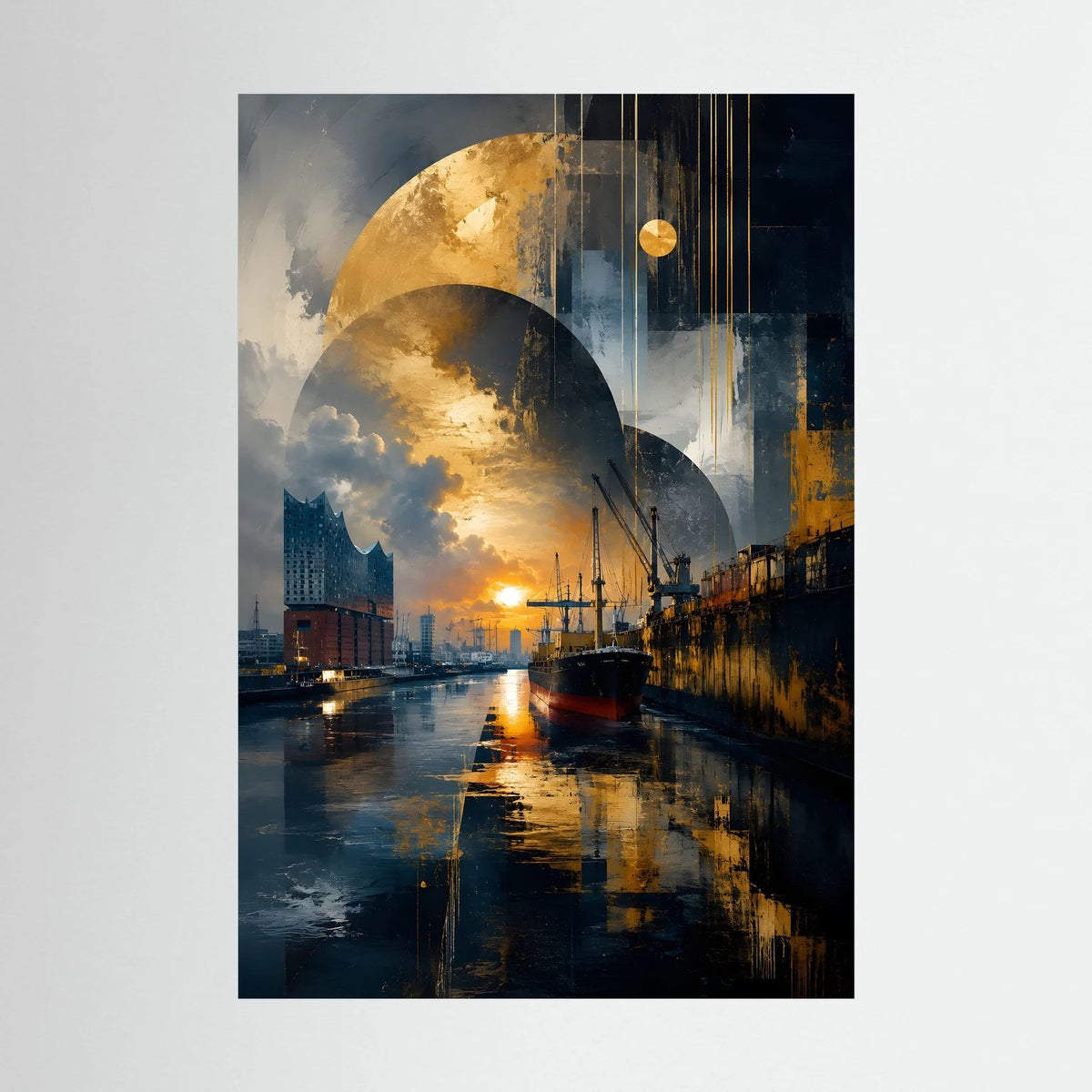 Poster im Hochformat: abstrakter gold-blauer Hafen mit Sonnenlicht auf ruhigem Wasser