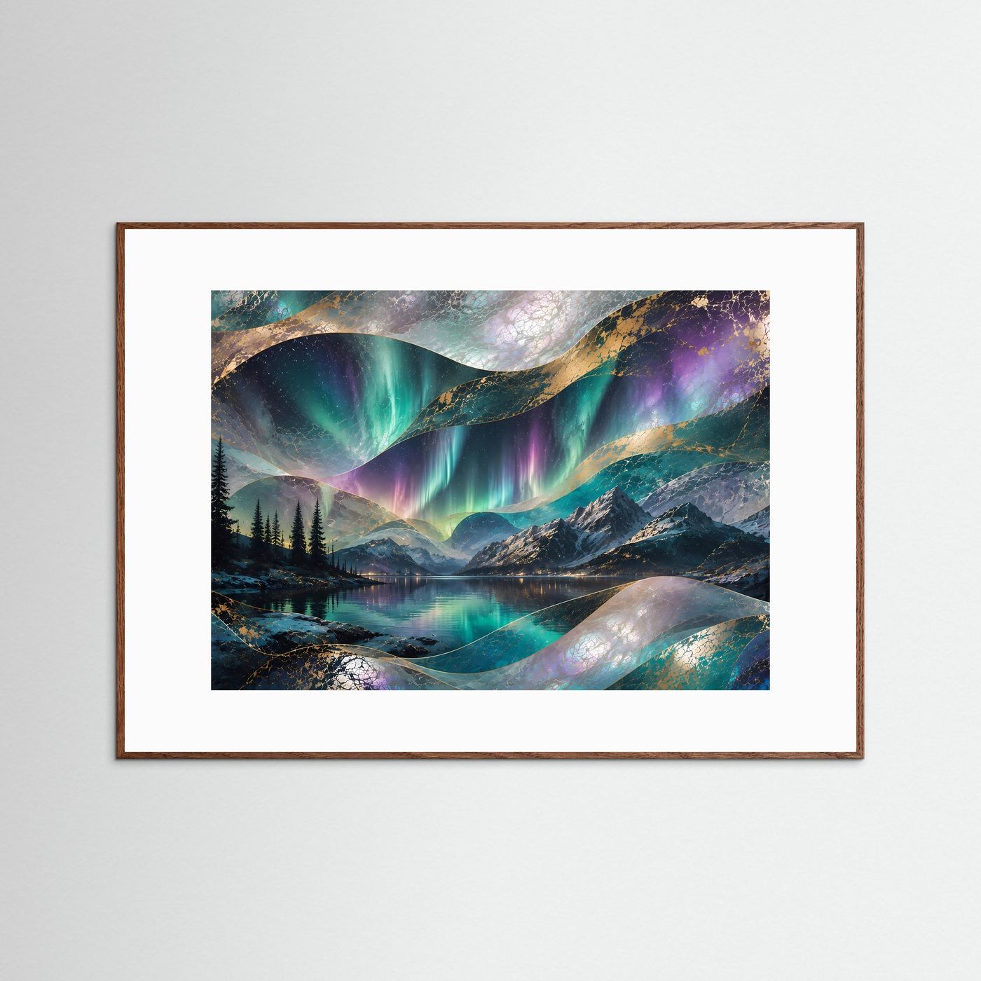 Querformat-Poster: Aurora über Bergsee in Türkis/Violett, Perlmutt & Gold, braun gerahmt