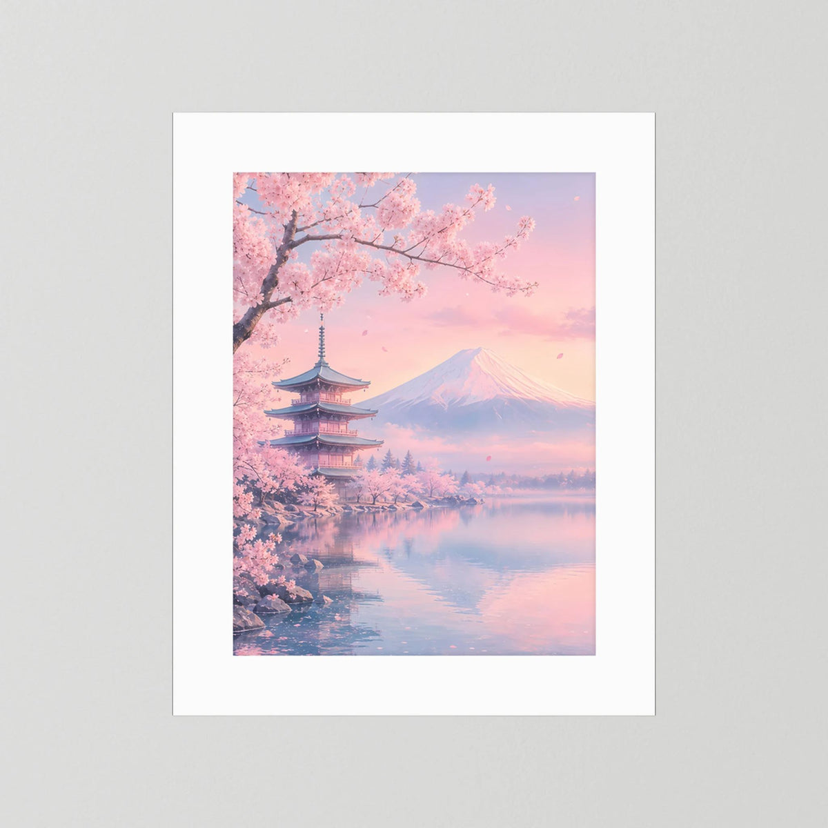 Weiß gerahmtes Hochformat-Poster mit Kirschblüten, Pagode, Berg und ruhiger Wasserfläche
