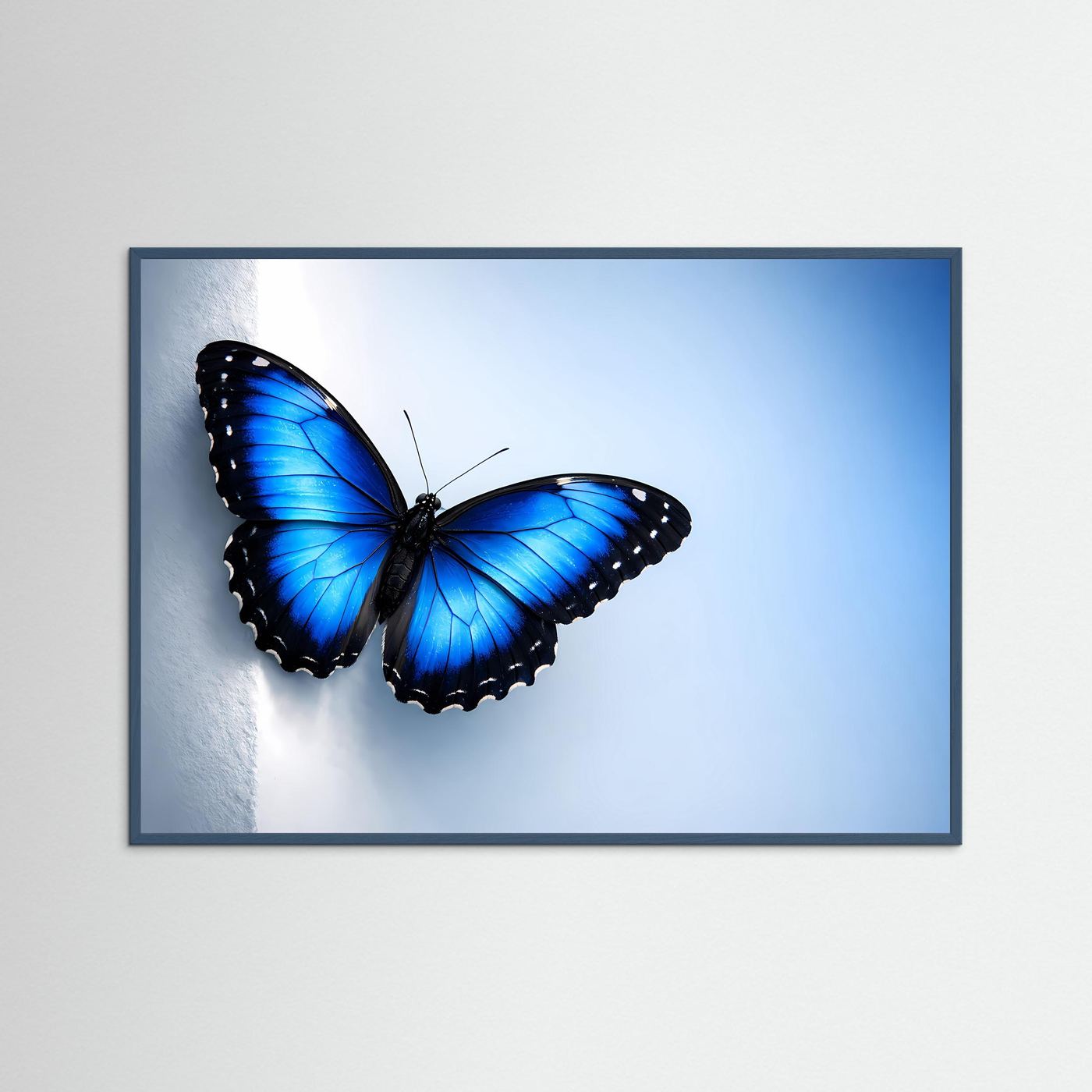 Querformat-Poster mit blauem Schmetterling im grauen Holzrahmen