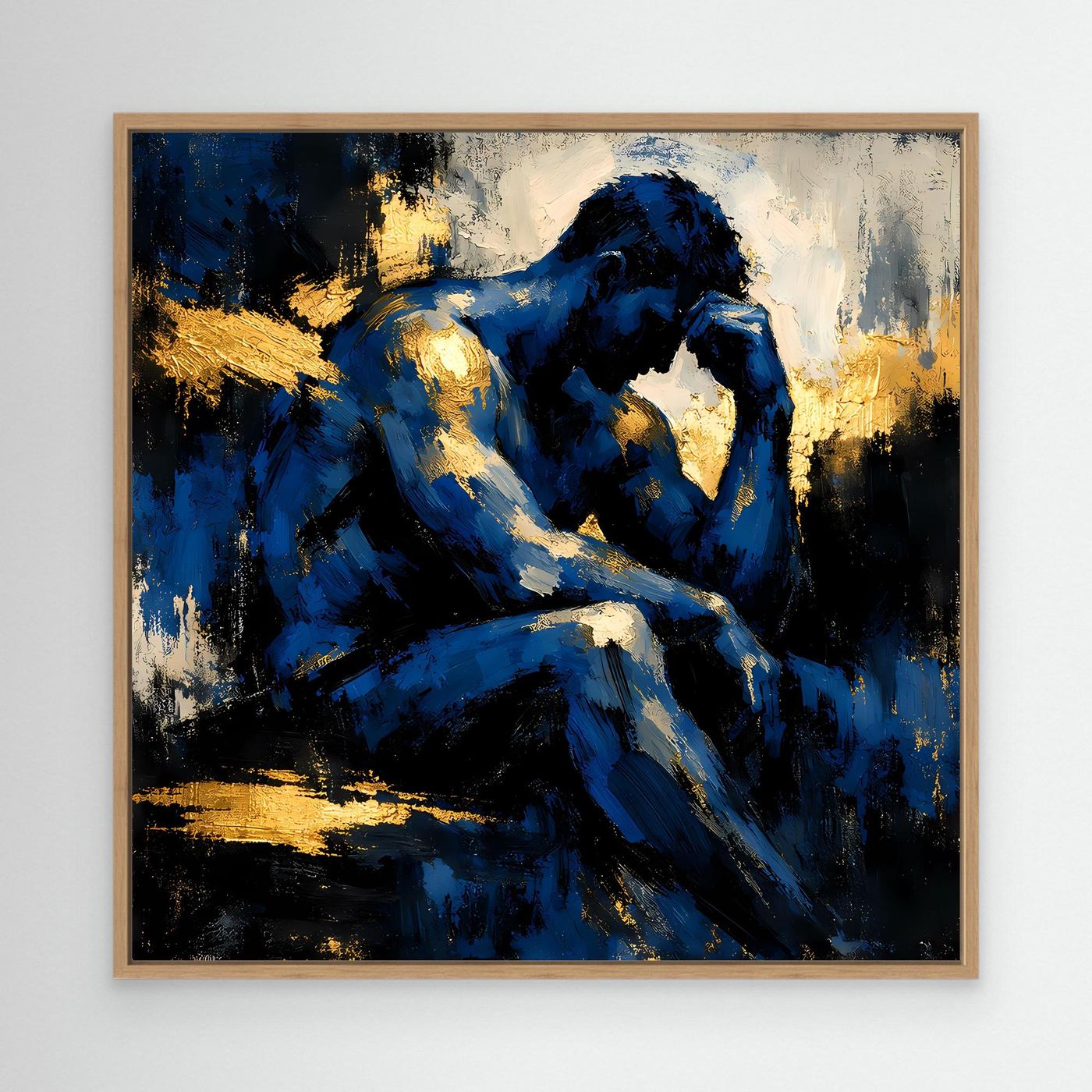 Leinwand Der Denker in Blau | Abstraktes Männersilhouette Wandbild Gold