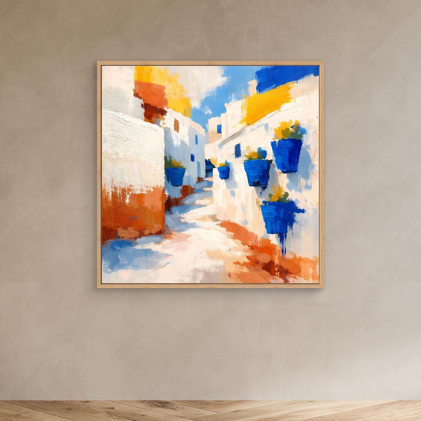 Leinwand Griechische Gasse mit blauen Blumentöpfen | Abstraktes Santorin Wandbild