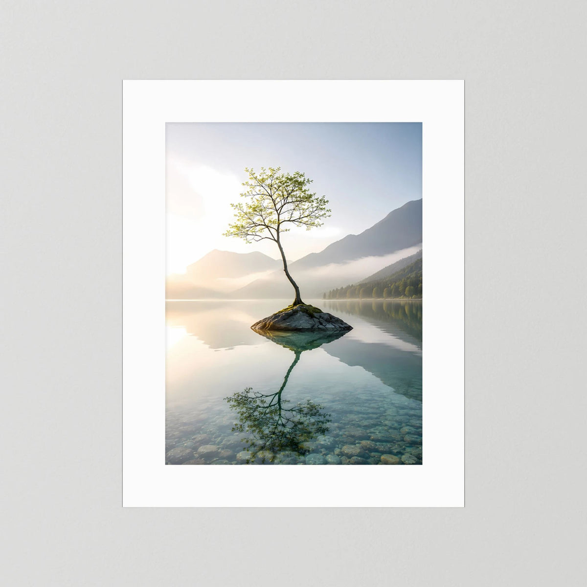 Baum auf Felsen im Bergsee | Minimalistische Natur & Spiegelung | Poster Hochformat