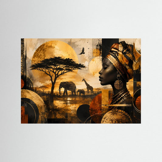 Unge­rahmtes Poster im Querformat mit Afrikanerin im Profil und Safari-Tieren wie Elefanten und Giraffen.