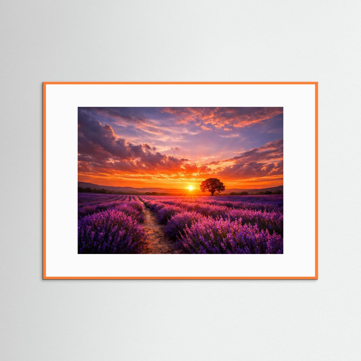 Wandbild Lavendelfeld bei Sonnenuntergang, orange Holzrahmen, weißes Passepartout