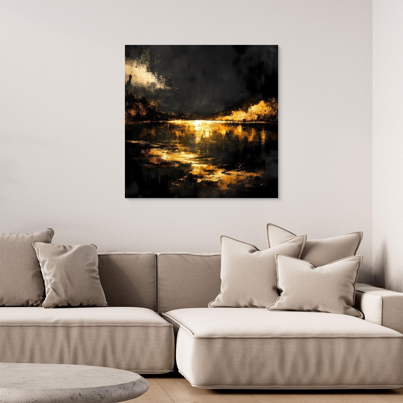 Leinwand Goldene Flusslandschaft bei Nacht | Abstraktes Natur Wandbild Moderne Kunst