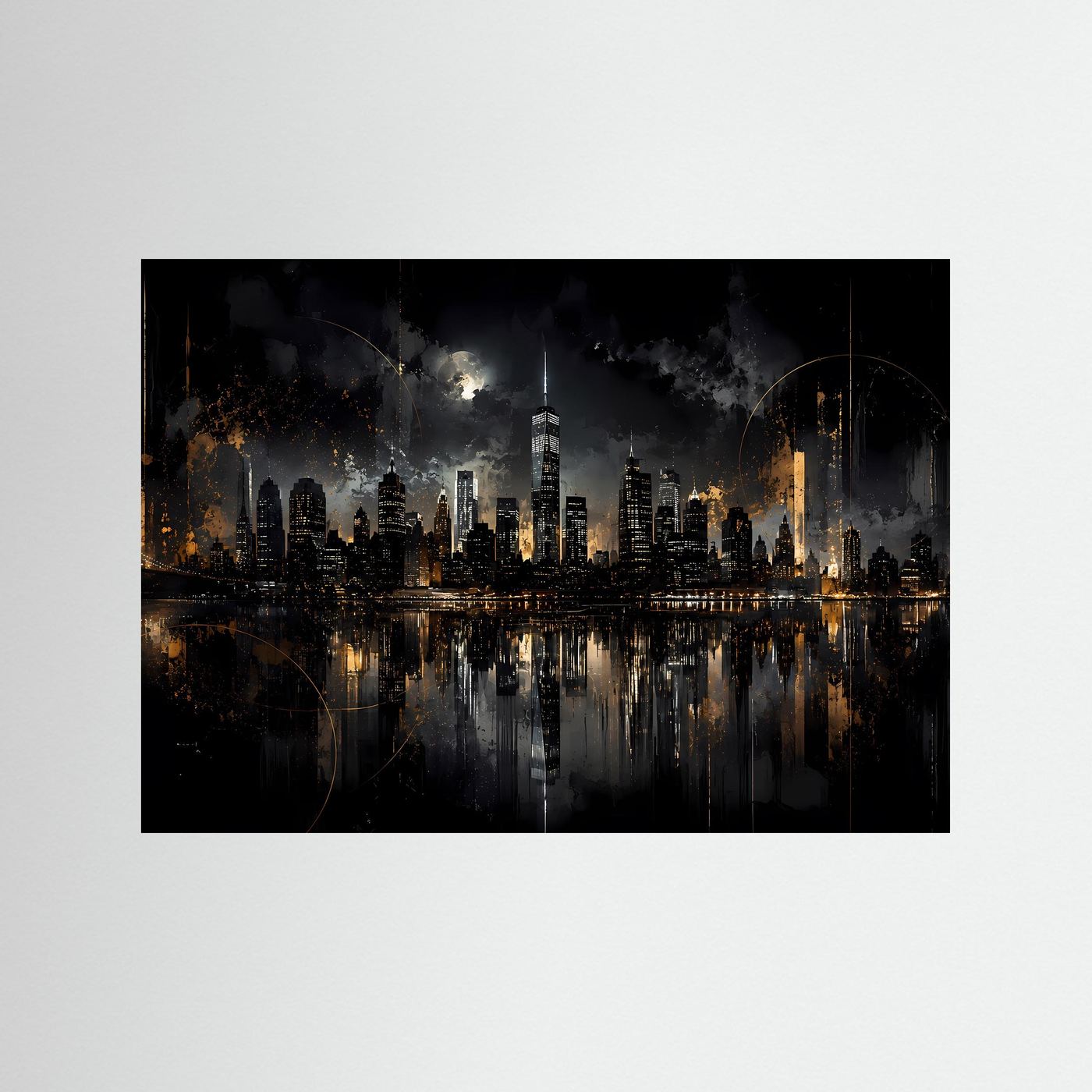 New York Skyline bei Nacht in Schwarz & Gold | Abstrakte City Wandkunst