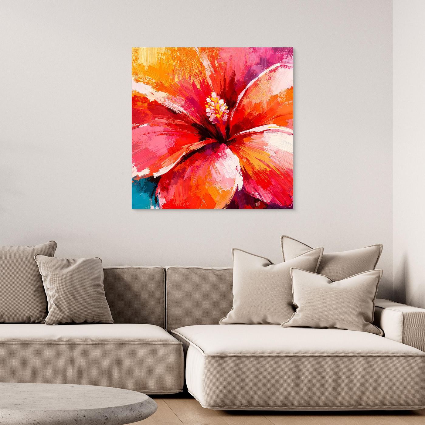 Leinwand Abstraktes Hibiskus Blütenbild | Modernes Tropen Wandbild Rot Pink