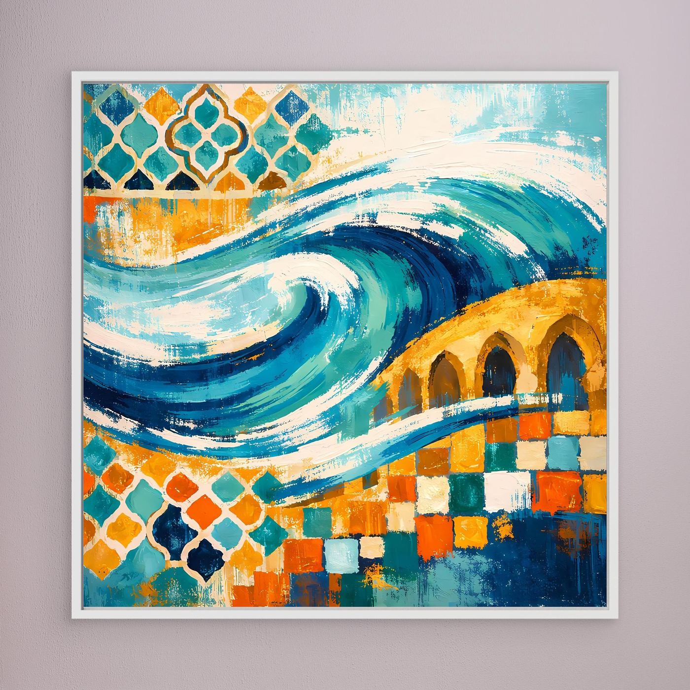 Wandbild auf Leinwand mit weißem Rahmen, abstraktes Wellenmotiv und geometrische Ornamente in Farben