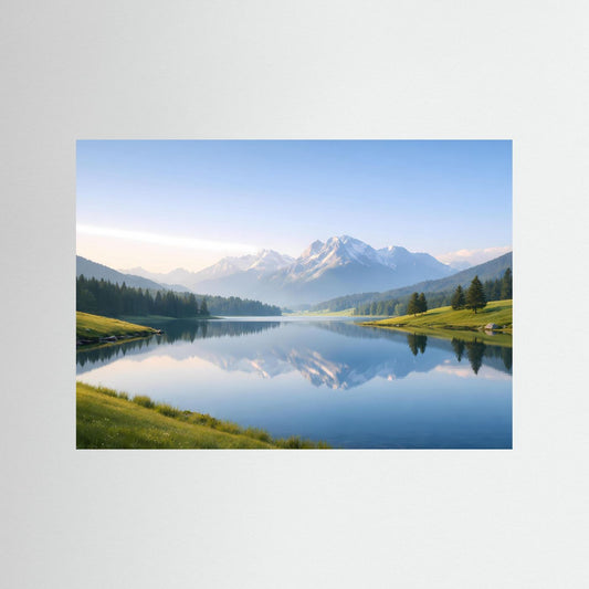 Panoramaposter mit Alpen und Spiegelsee, Berge spiegeln sich im Wasser, Querformat