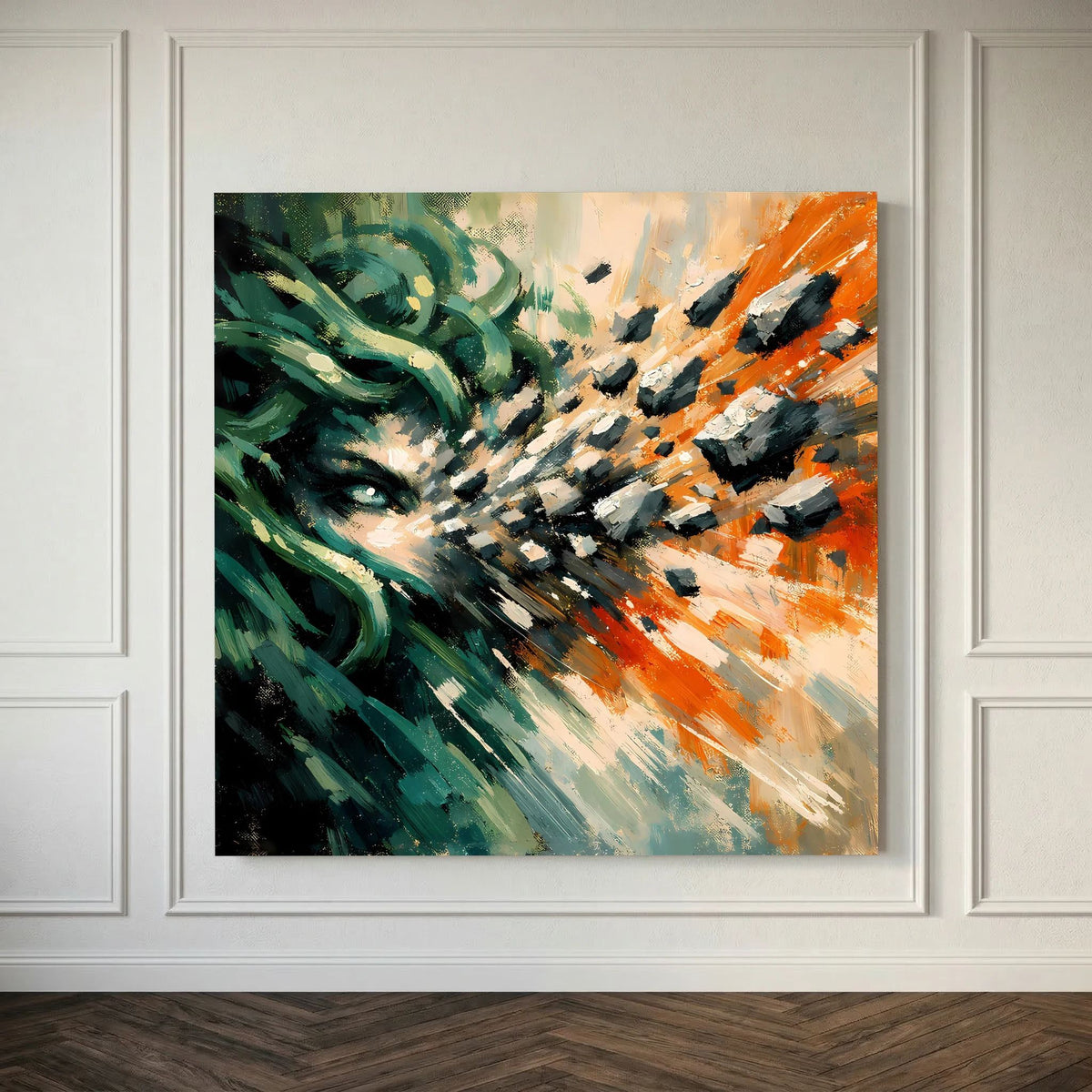 Abstraktes Leinwandbild mit Medusa-Motiv, grüne und orange Farbstrukturen im Rahmen