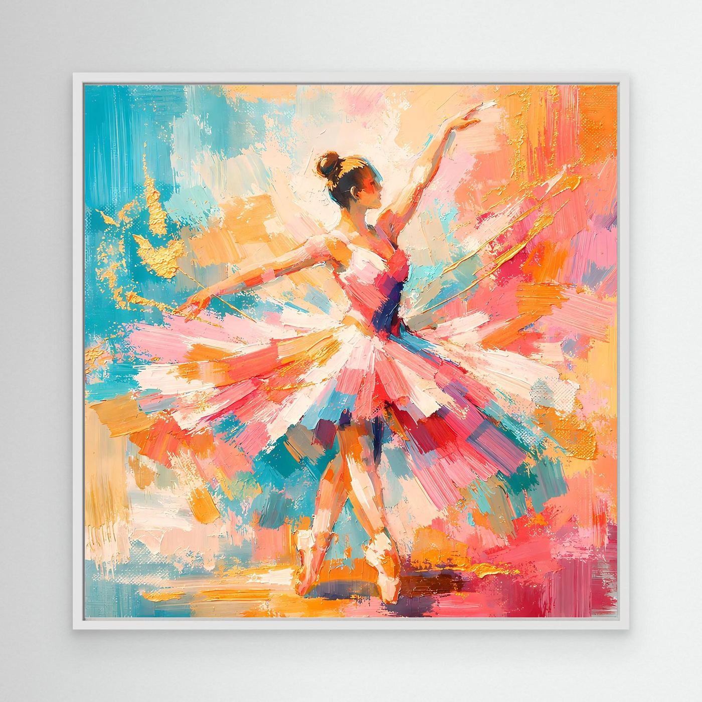 Abstraktes Leinwandbild mit tanzender Ballerina in bunten Pinselstrichen, weiß gerahmt
