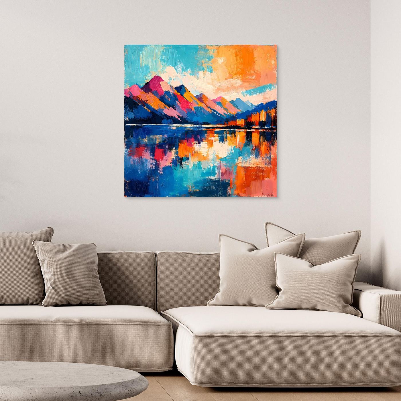Wandbild Leinwand mit abstrakter Berglandschaft (Blau, Orange, Pink) und dünnem Rahmen