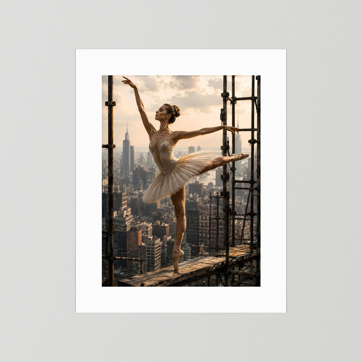 Poster Hochformat: Ballerina im beigen Tutu vor Skyline, ohne Rahmen