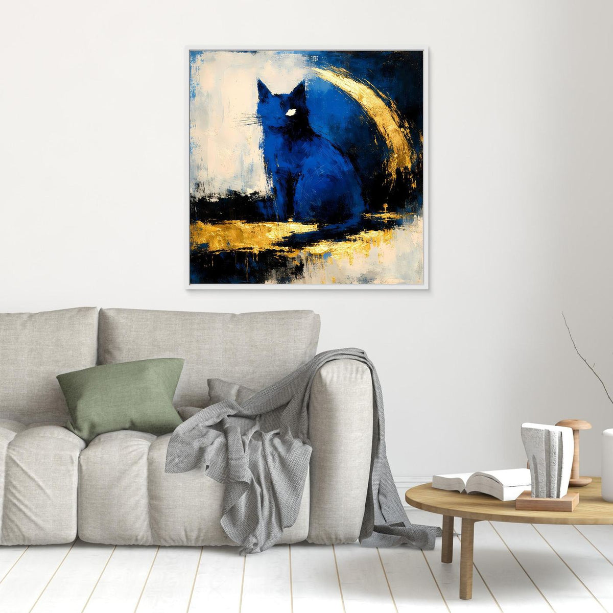 Leinwand-Wandbild mit blauem Tiermotiv und Goldbogen, hell abgesetzter Rand