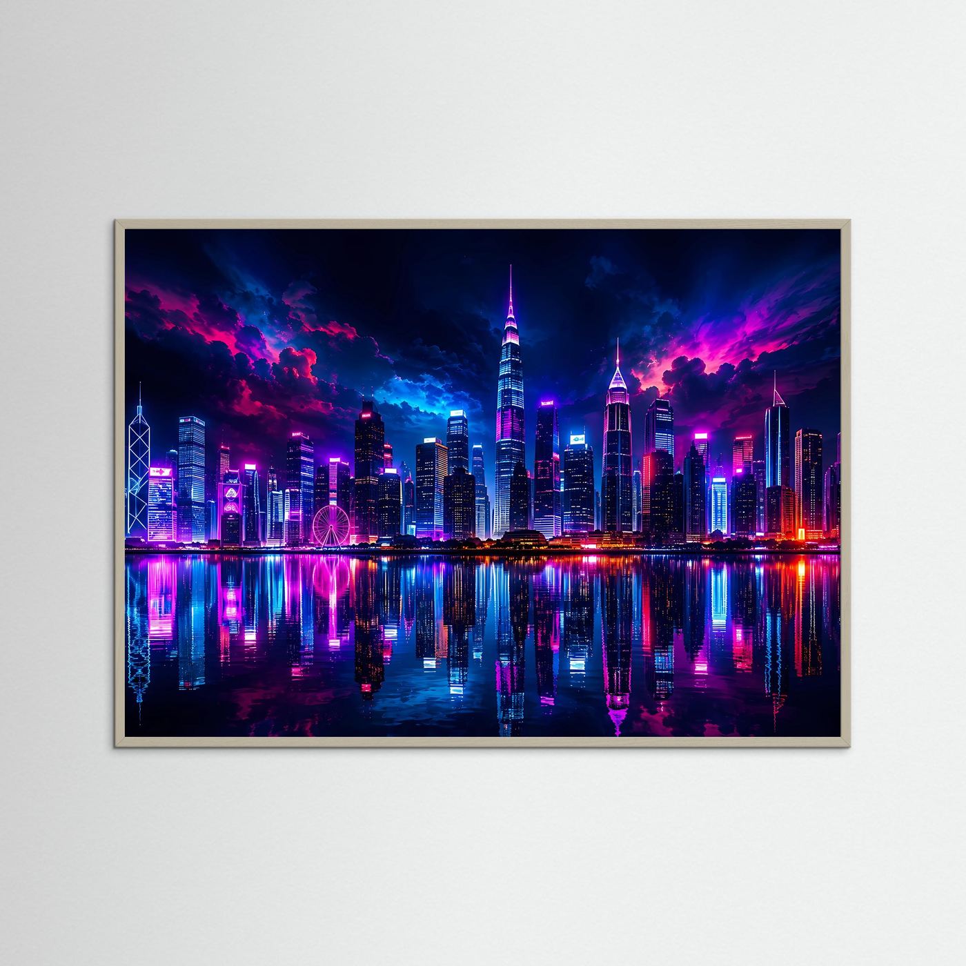 Neon Skyline bei Nacht | Futuristische City Wandbild in Pink & Blau