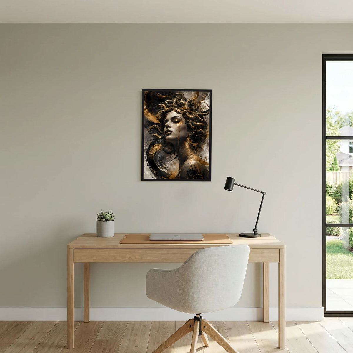 Gerahmtes Medusa-Poster: Porträt einer Frau mit goldenen Schlangen im dunklen Stil