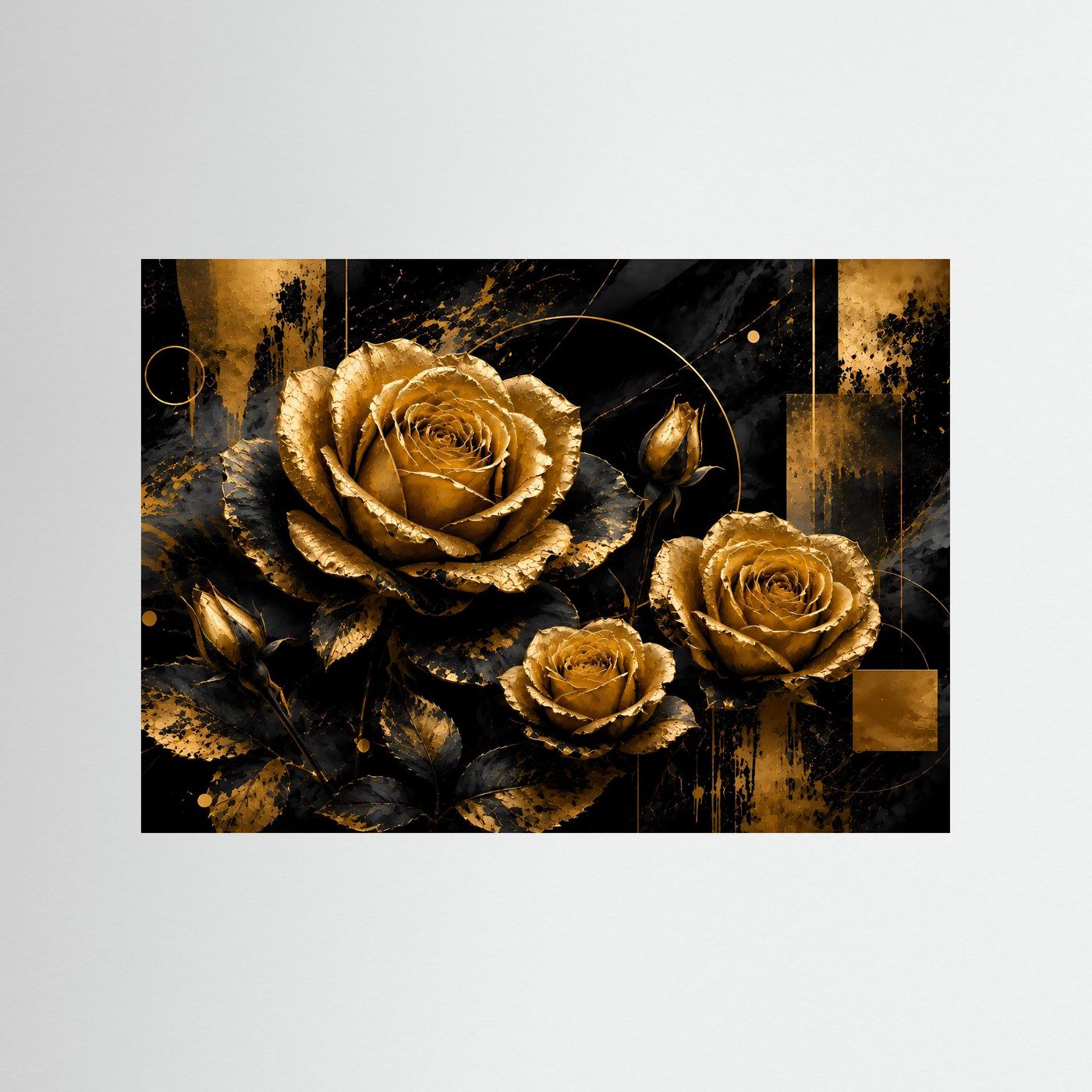 Gerahmtes Poster mit goldenen Rosen auf schwarzem Hintergrund, rechteckig, ohne weißen Rand