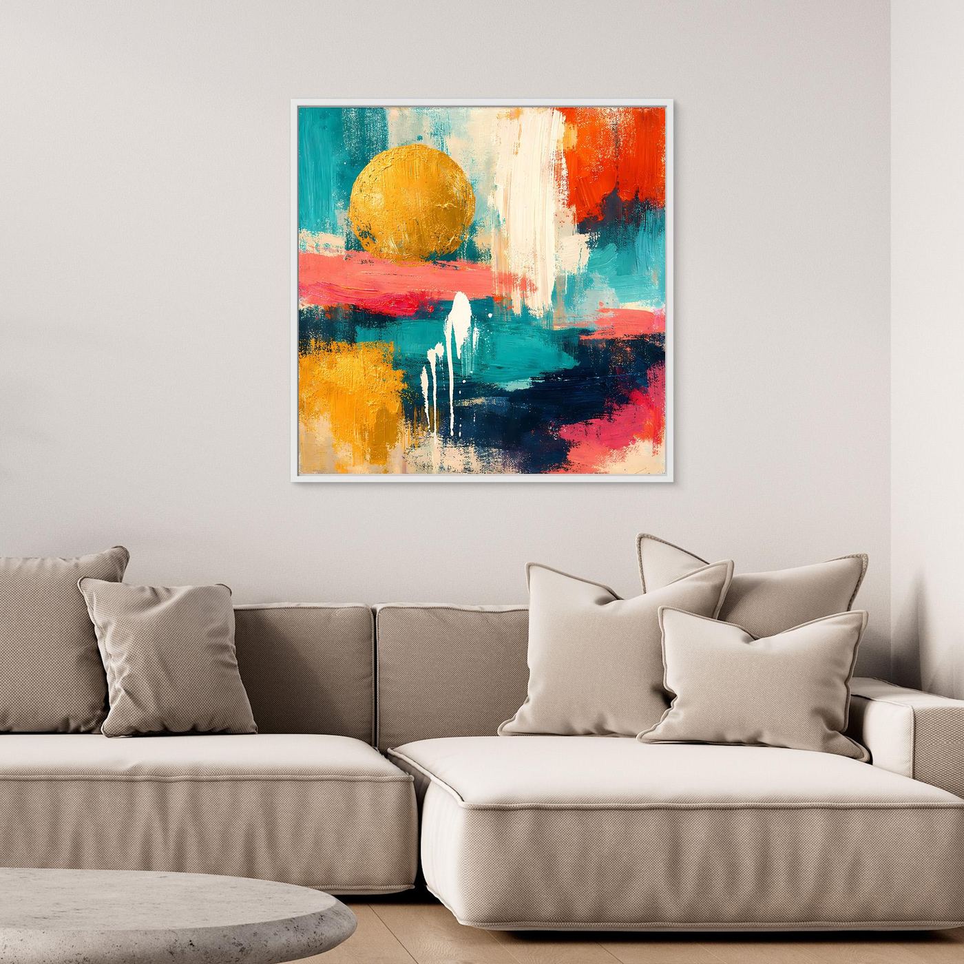Abstraktes Wandbild mit goldener Kreisform, türkis, rot und blau, schwarzer Rahmen
