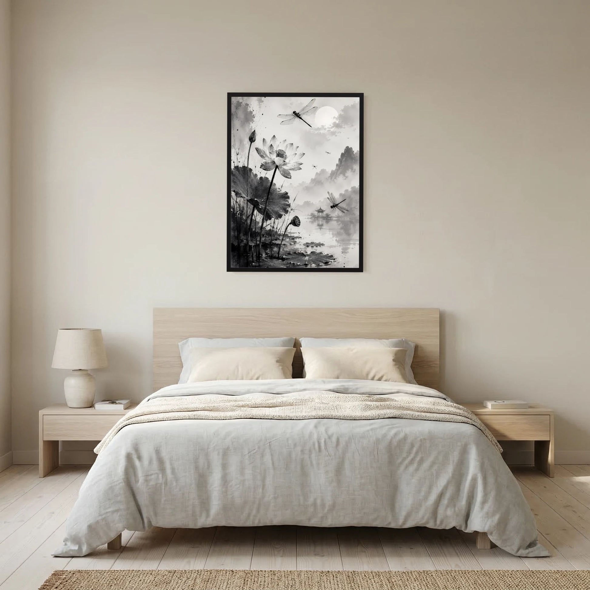 Hochformatiges Poster mit Lotusblüte und Libellen, Schwarzweiß, schwarzer Rahmen