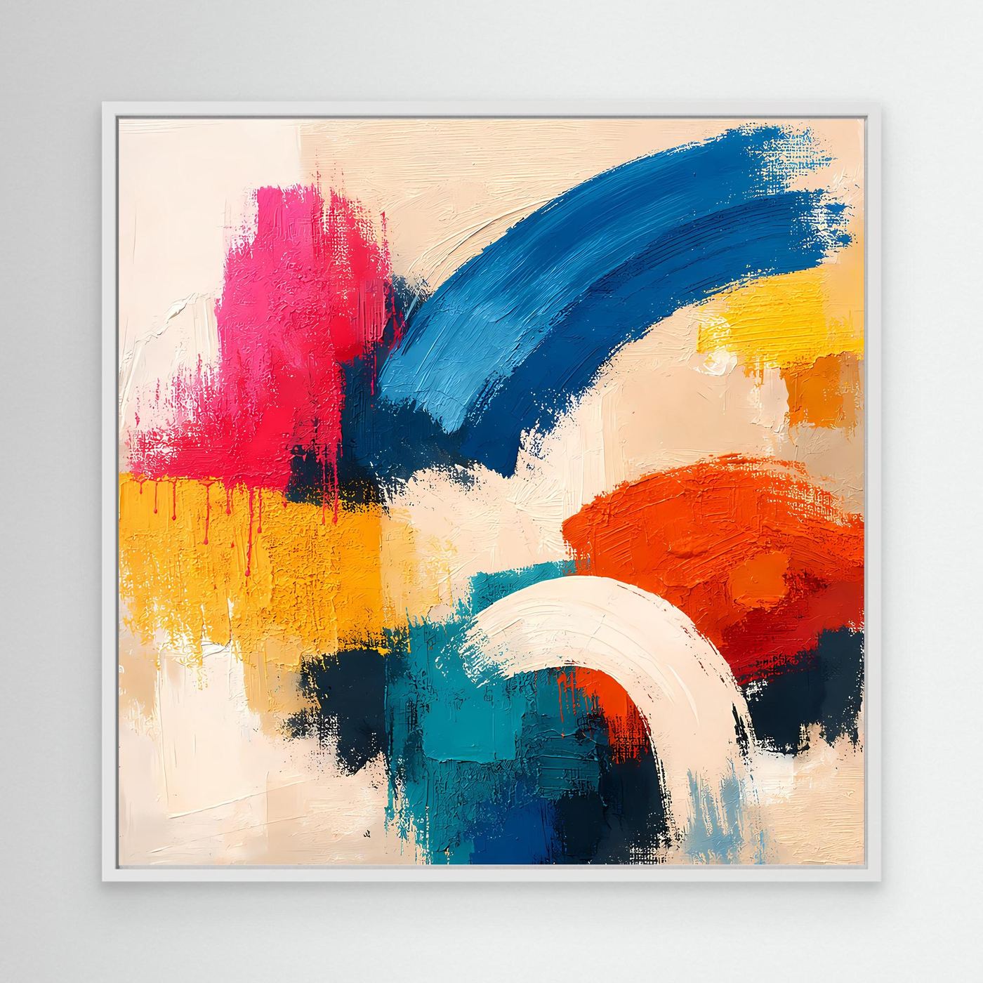 Abstract canvas painting with blue, pink, yellow, orange brush strokes, light frame