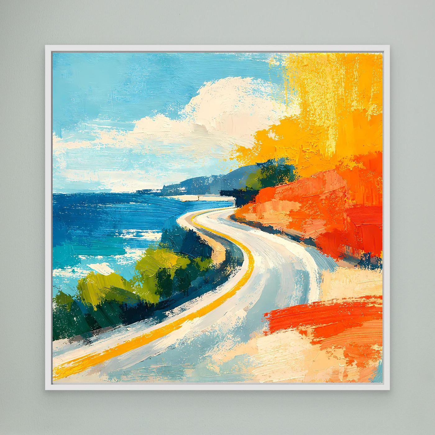 Coastal abstract wall art with white frame and blue sea, winding road, orange shoreline