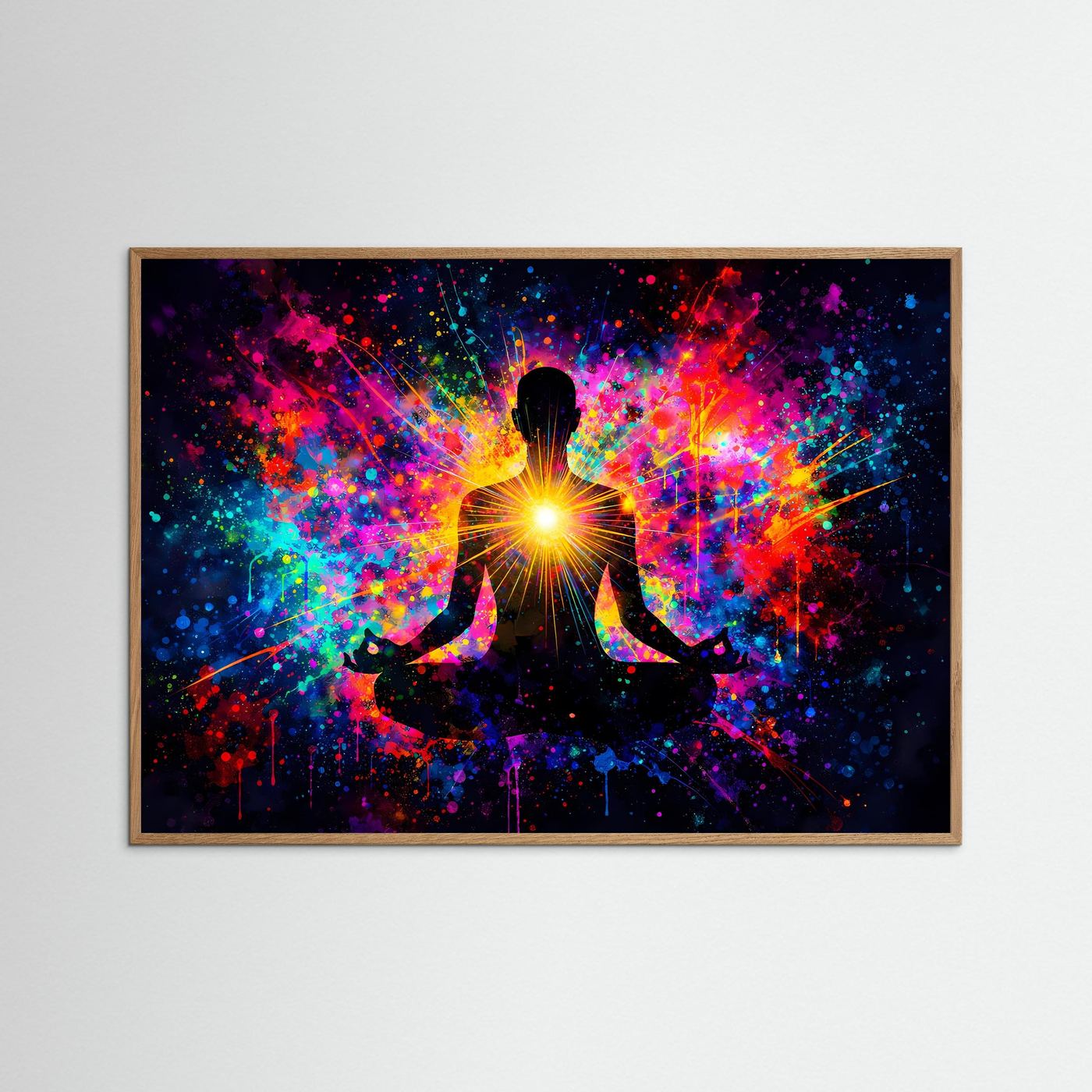 Gerahmtes Yoga-Poster: meditierende Figur mit leuchtendem Herz-Chakra, bunte Funkenspritzer