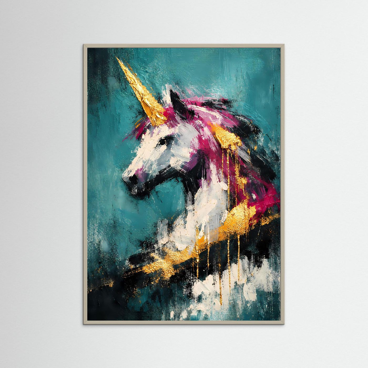 Abstraktes Einhorn-Kunstposter mit hellem Holzrahmen, türkis, magenta und gold