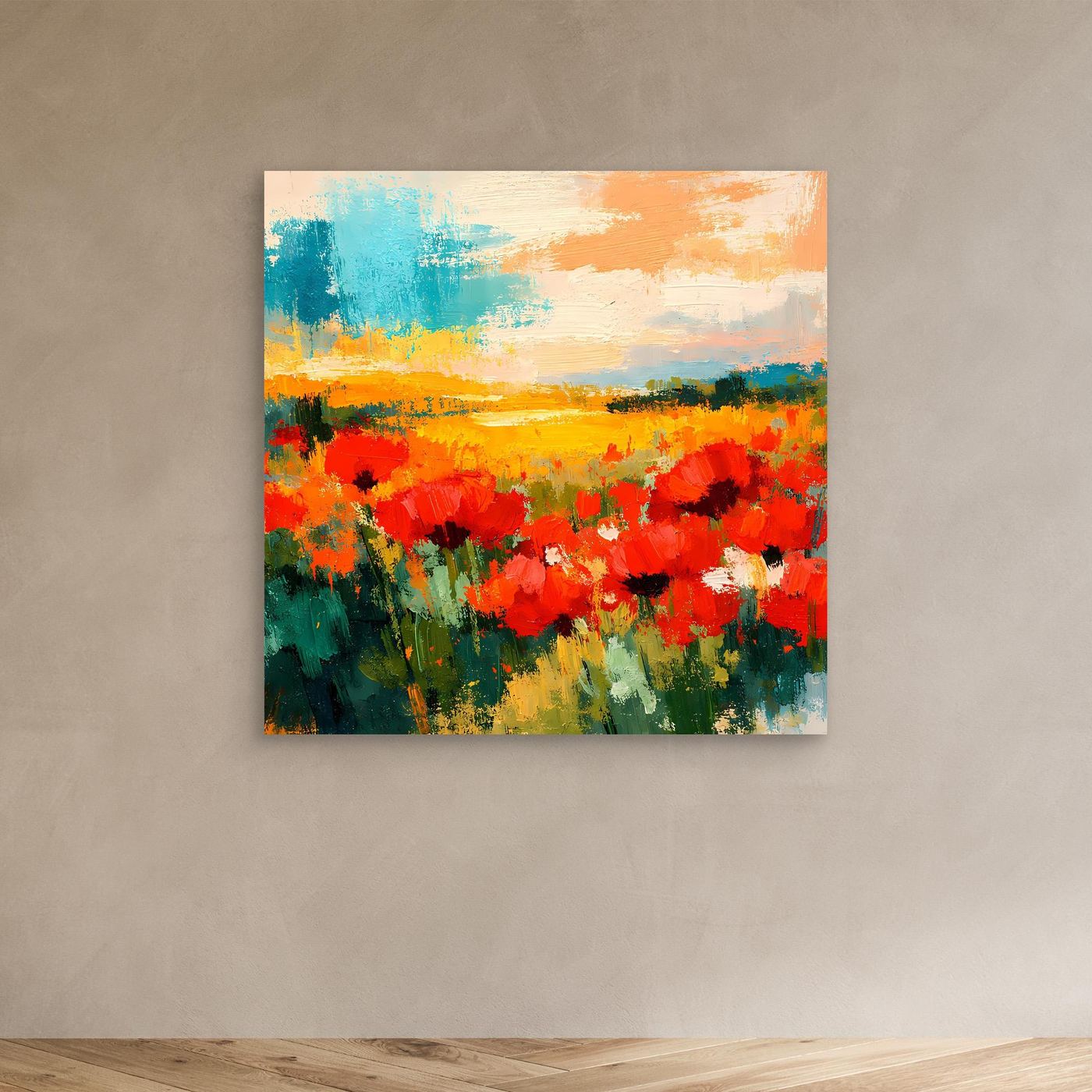Abstract poppy field canvas wall art with red flowers and yellow-orange horizon
