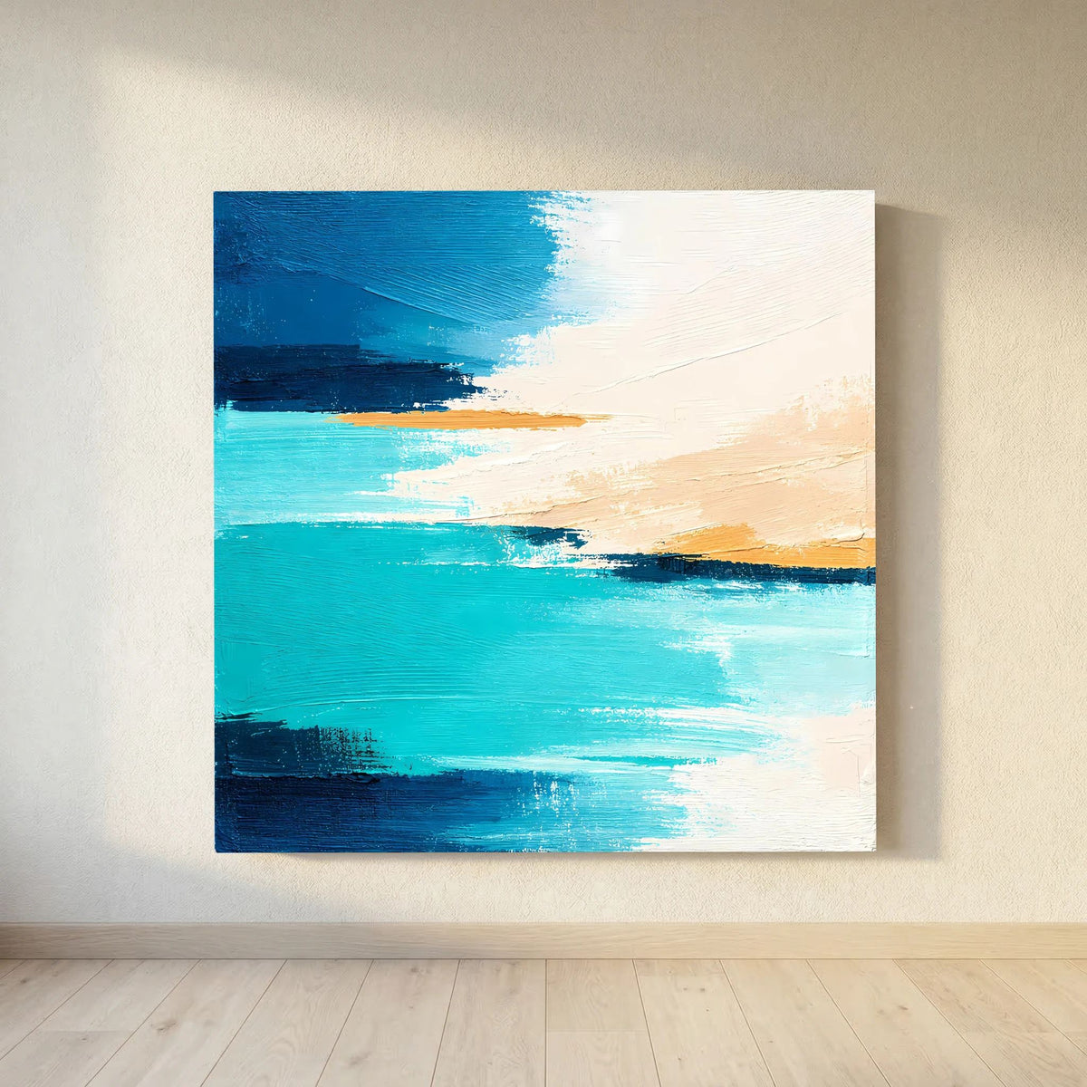 Abstraktes Meeres-Acryl-Wandbild in Türkis und Beige, quadratisch, mit weißem Rand