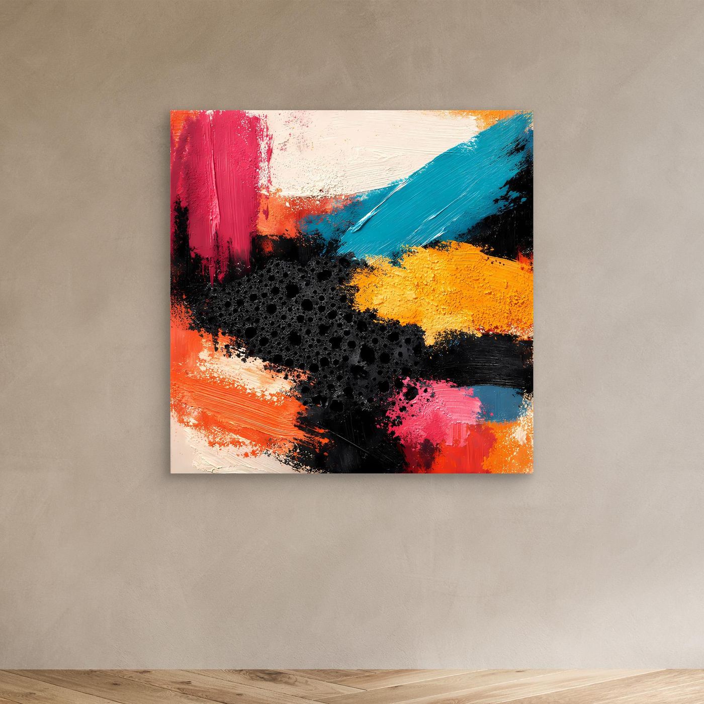 Abstraktes Leinwandbild ohne Rahmen mit kräftigen Farben: pink, türkis, gelb und orange