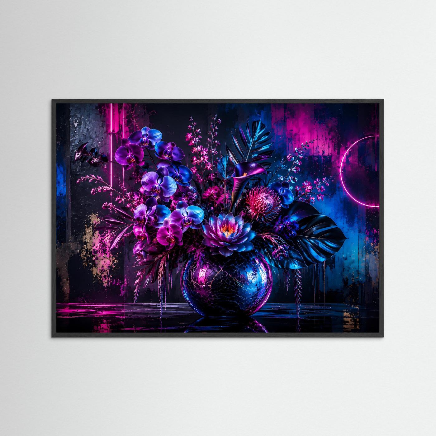 Neon Blumenstrauß Poster Querformat | Moderne Florale Wandkunst in Pink, Blau & Violett | Futuristisches Blumen Wandbild