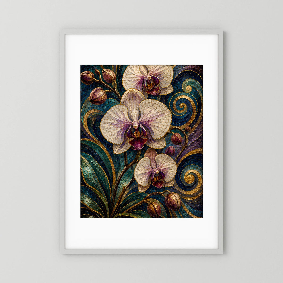 Orchideen-Poster mit weißem Passepartout, Mosaikstil, weiße Blüten auf türkis-goldenem Grund