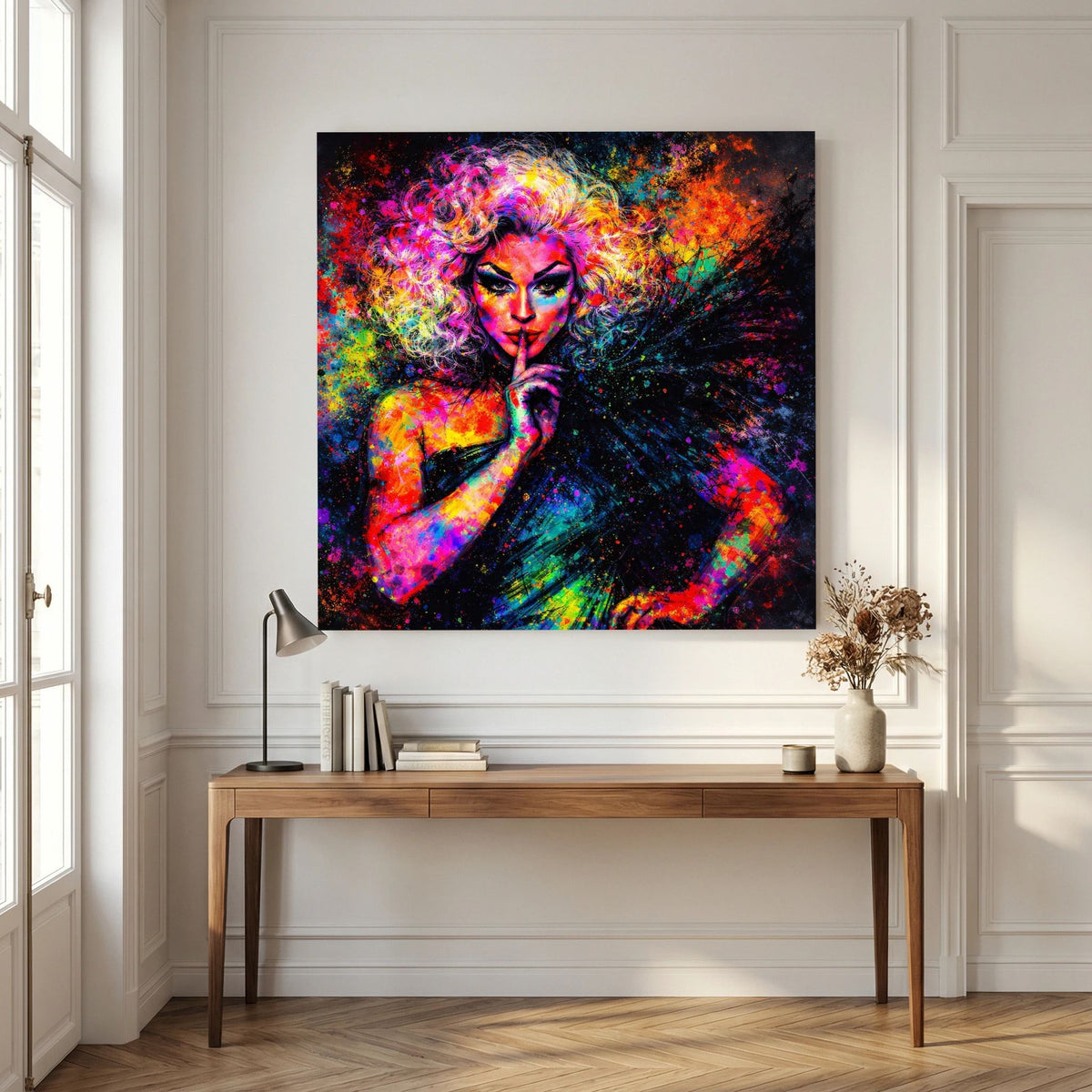 Quadratisches Leinwandbild: Pop-Art-Drag-Queen, farbenfroher Look auf Keilrahmen