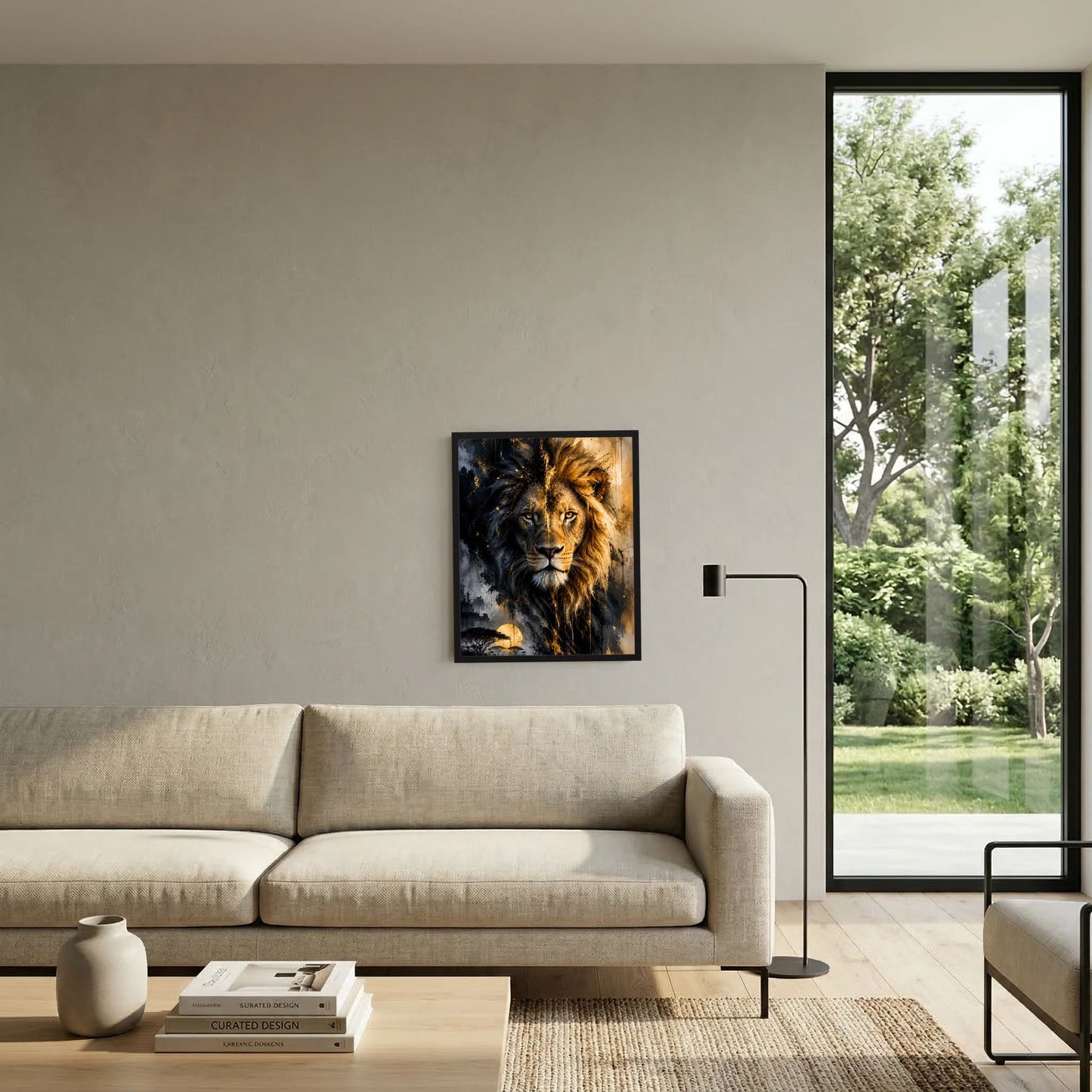 Gerahmtes Löwen-Poster in Schwarz und Gold an der Wand über Sofa